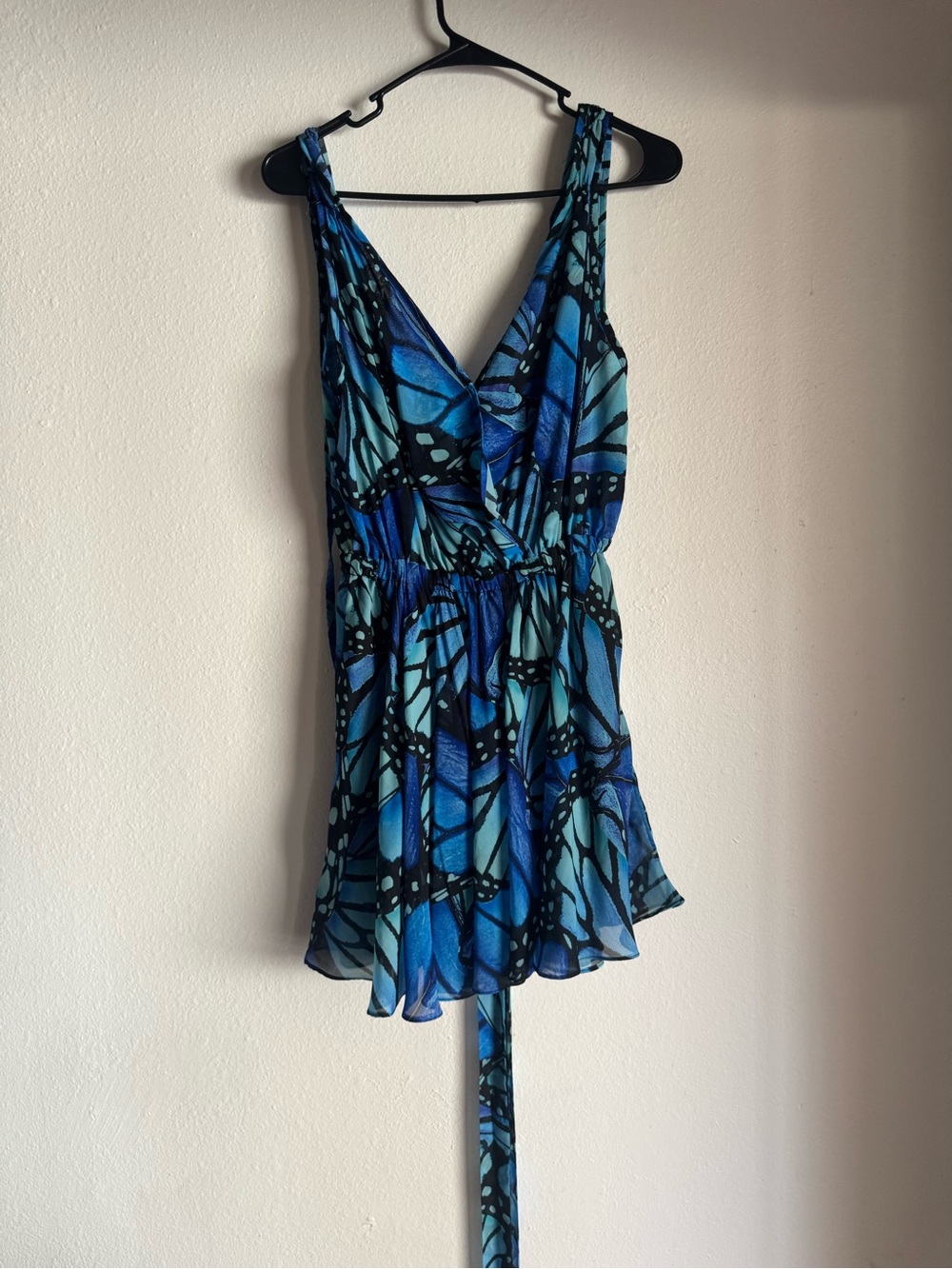 Blue Printed Mini Dress - Sleeveless V-Neck